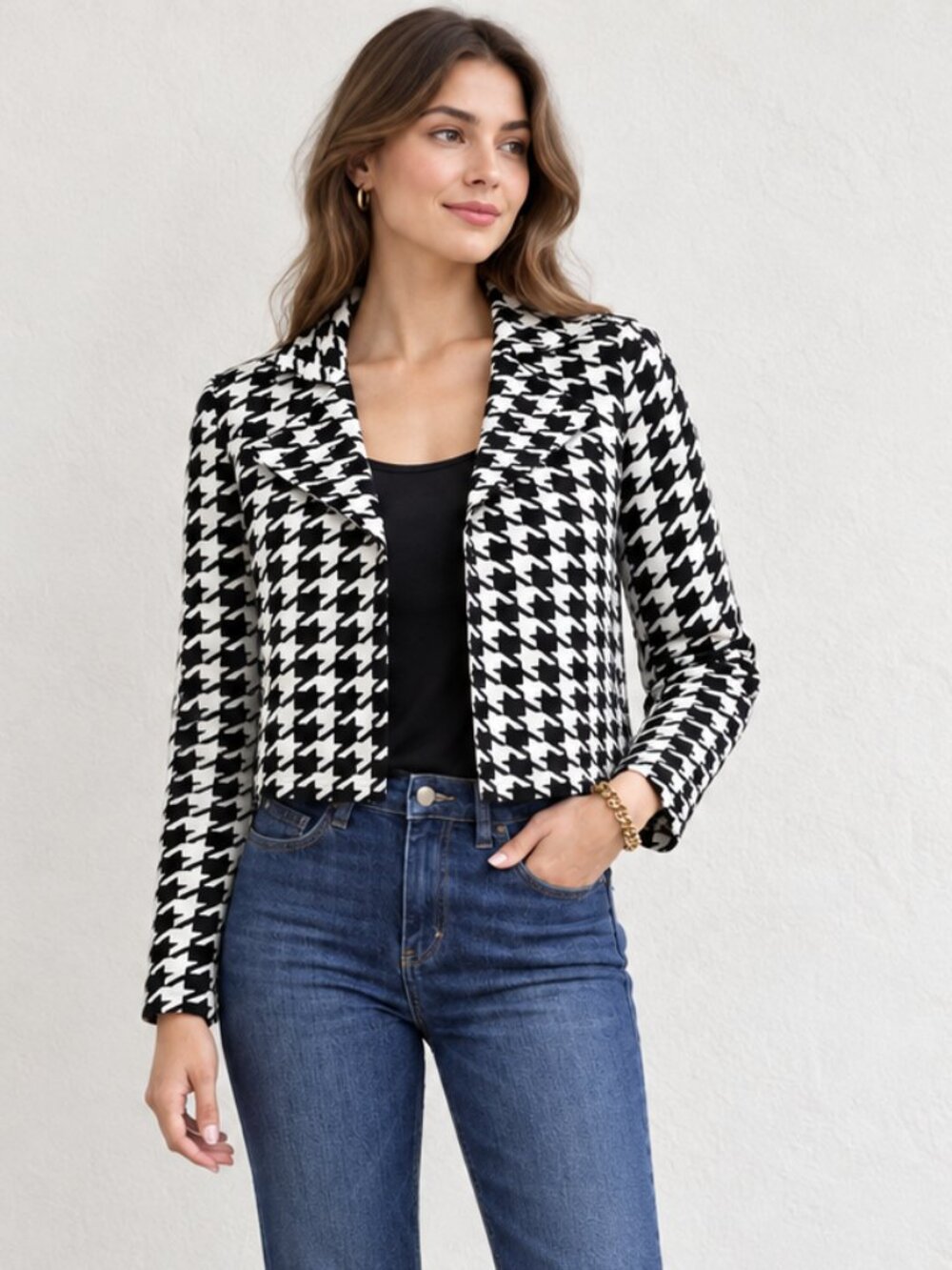 Jones New York Signature Houndstooth Cropped Jacket Black White Knit Blazer Chic